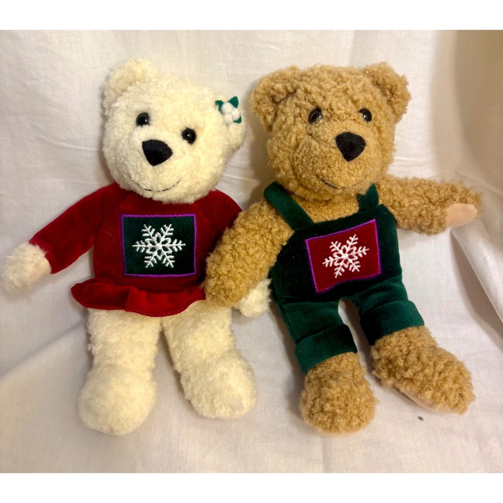 Vintage Hallmark Kissing Teddy Bears Magnetic Plush Set Holiday Snowflake 1190J